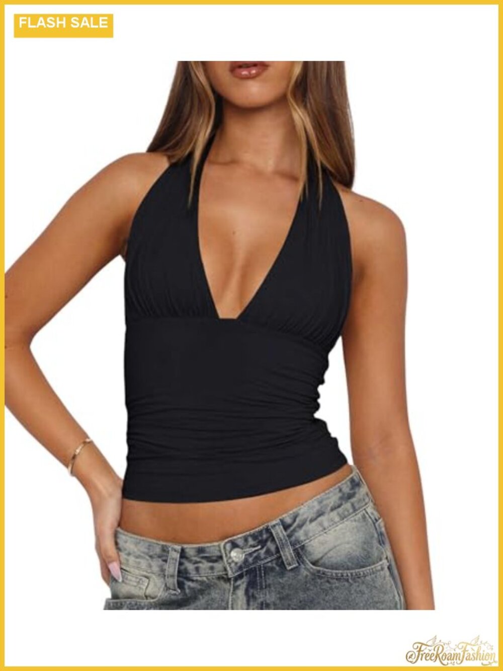Women's Sexy Halter Crop Top Deep V Neck Ruched Double-Layer Tank